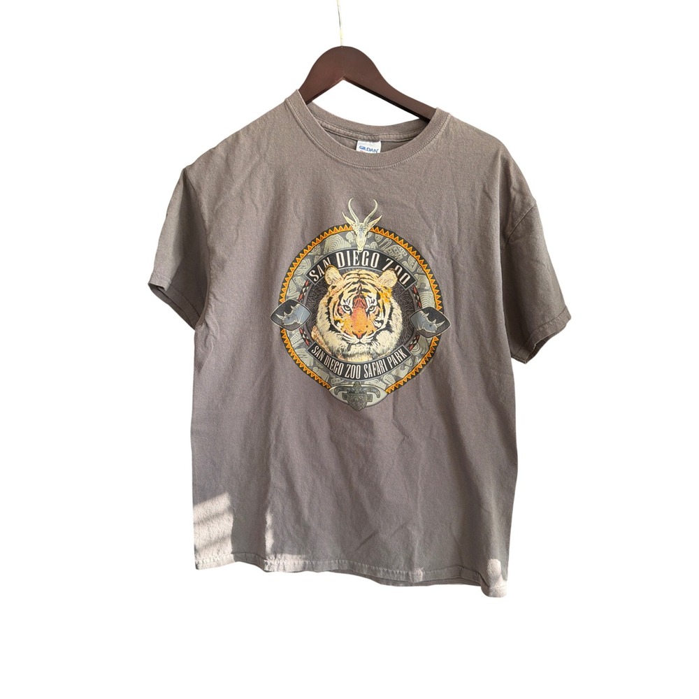 San Diego Zoo Safari Park Tiger Graphic T-Shirt Brown Mens Large Gildan Tee